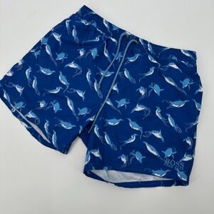 HUGO BOSS Swim Trunk Men Medium Blue Thermal Lined Allover Printed Elastic Waist